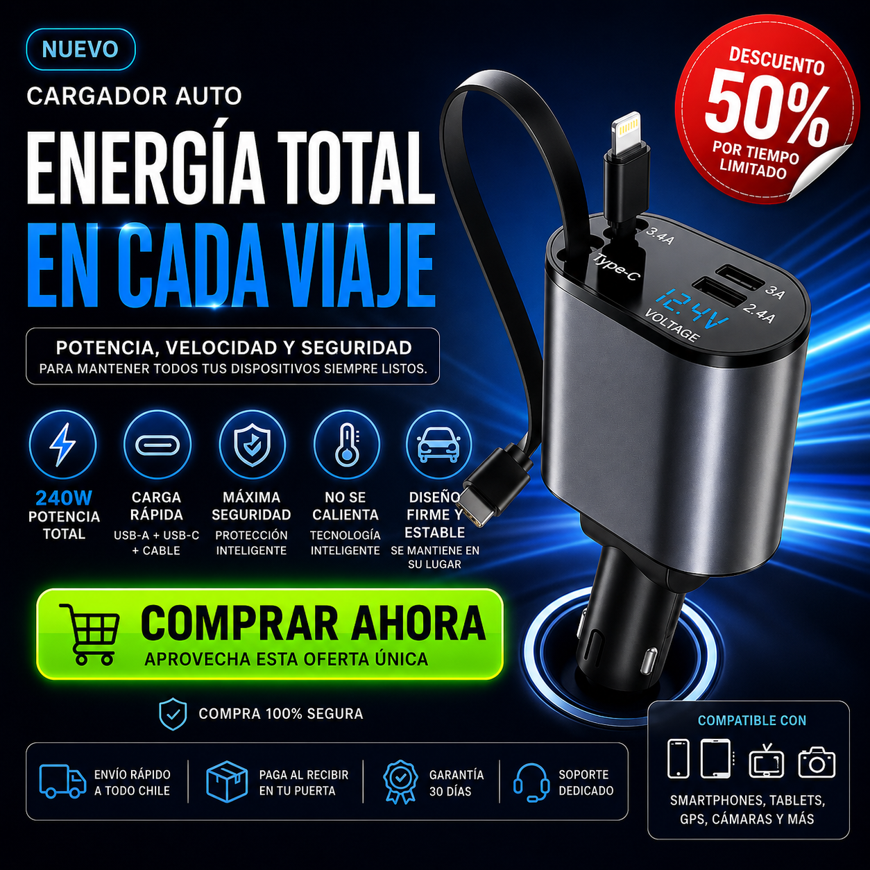 Cargador celular para auto-Energía constante-Viajes sin interrupciones
