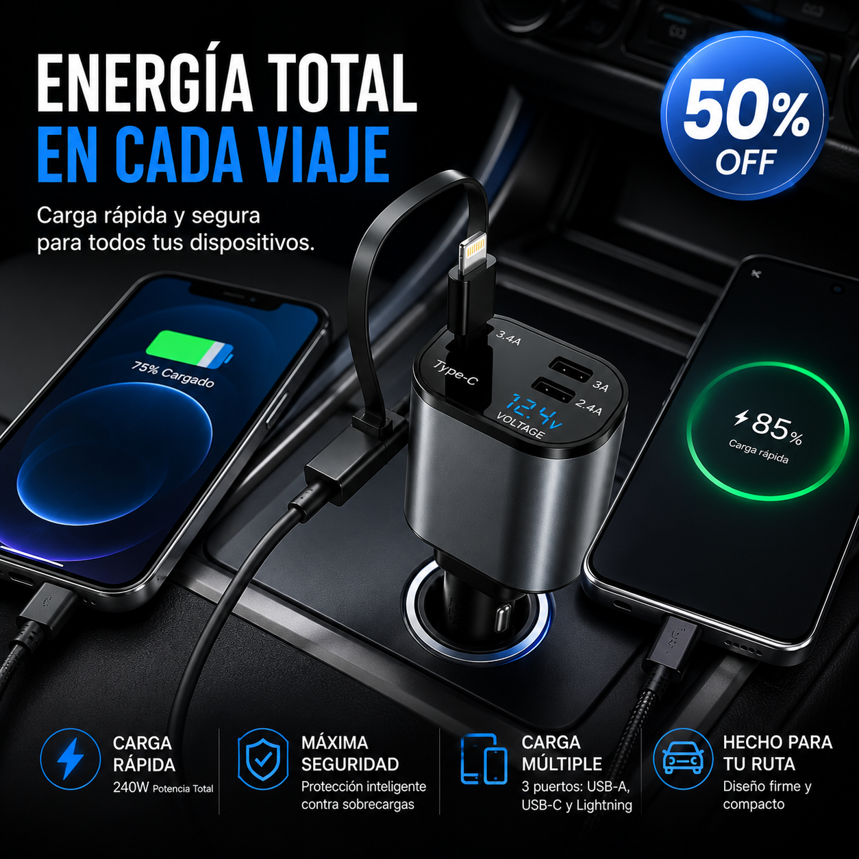 Cargador celular para auto-Energía constante-Viajes sin interrupciones
