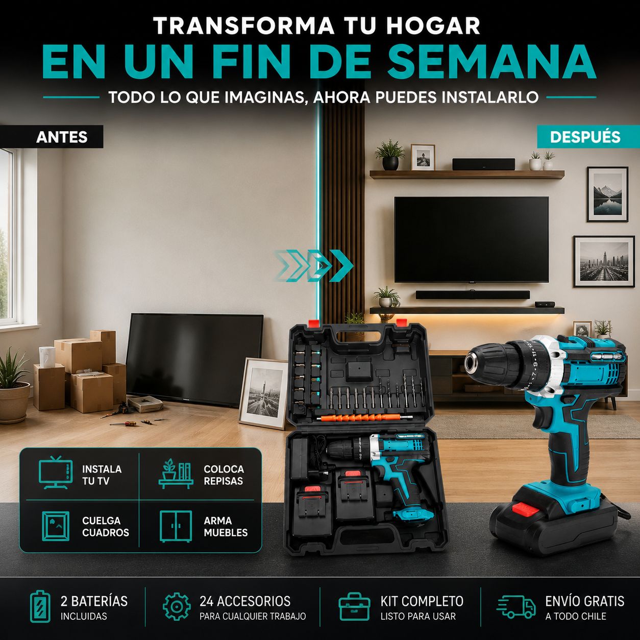 TALADRO ATORNILLADOR + KIT PROFESIONAL COMPLETO